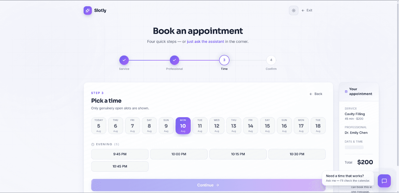 Slotly's four-step booking wizard in light mode, on step three, showing a two-week strip of selectable dates and a summary panel for a 45-minute cavity filling with Dr Emily Chen.