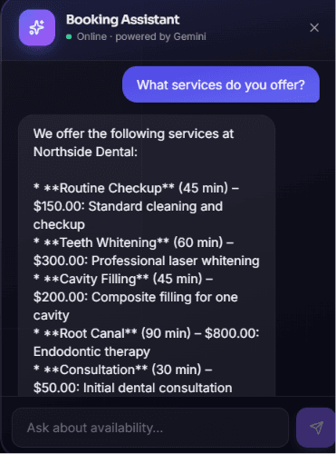 The Slotly booking assistant widget, headed 'Online · powered by Gemini'. A visitor has asked what services are offered and the assistant has replied with the clinic's five services, each with its duration and price.
