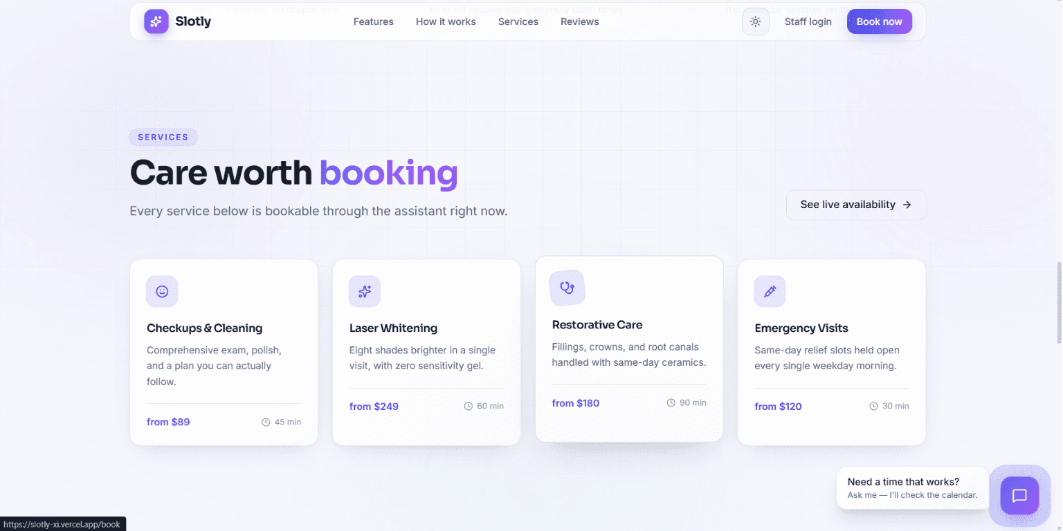 Slotly's services section in light mode, listing four dental services as cards with a starting price and appointment duration on each.